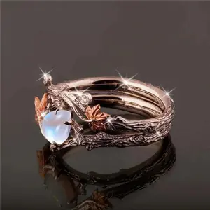 Vintage Bohemian Style Maple Leaf and Teardrop Moonstone Ring with Delicate Branch Details, One Size Adjustable Width, Suitable for Daily and Party Wear, Women's Jewelry, Multifunctional Accessory, Natural Inspiration Design,ideal popular ring Hip Hop