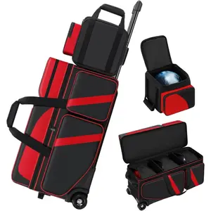 4 Ball Bowling Bags with Wheels, Bowling Ball Bag with Multi-Pockets,4 Ball Bowling Bag with Secure Buckle Fixed Ball Cup & Shoe Compartment,3 Ball Bowling Bag+1 Ball Color Matching Add  Tote