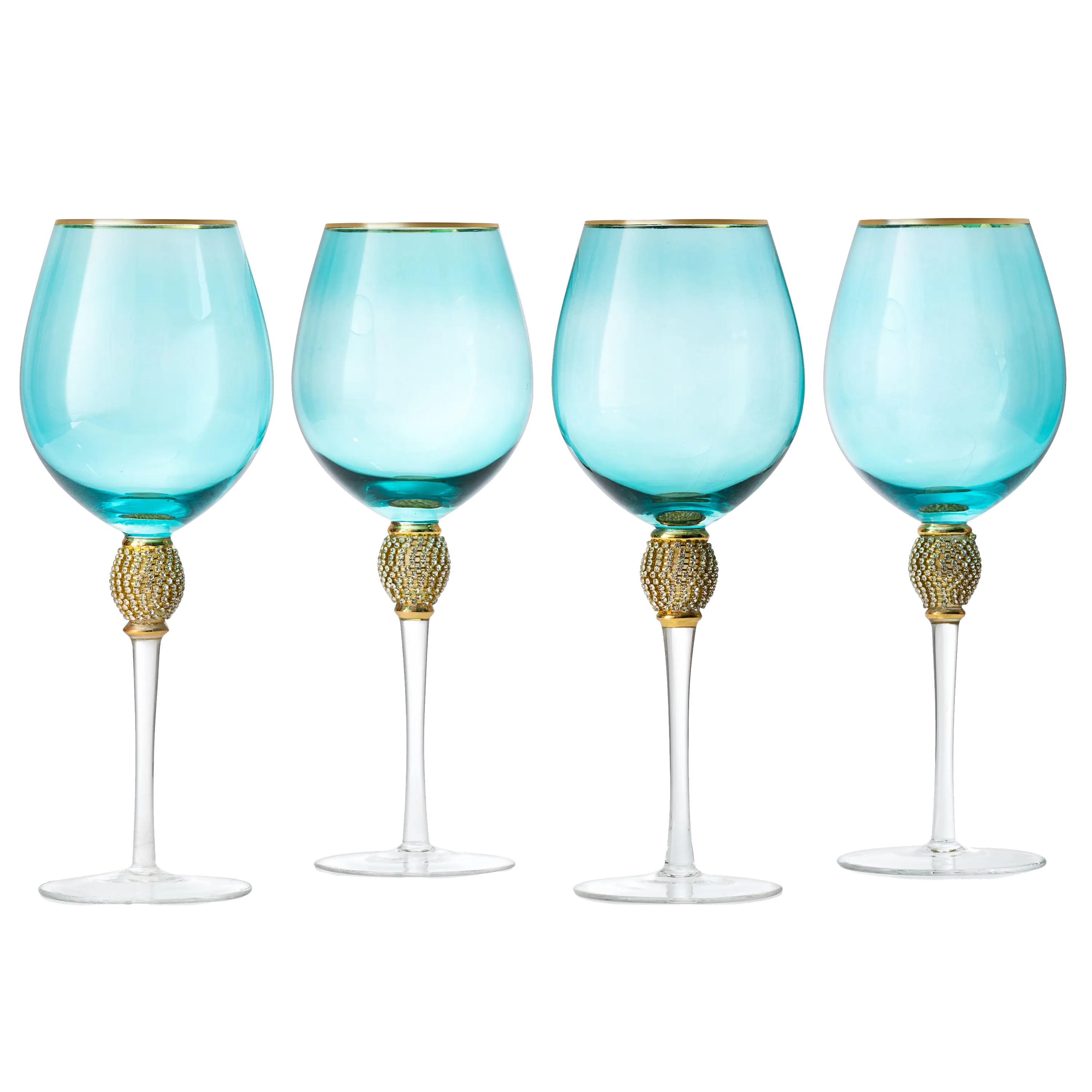 The Wine Savant Large Diamond Wine Glasses, 10" H Gold Rim Rhinestone Diamond Glasses - Wedding Glasses - 18 Ounce, Premium Designed Wine Glasses for Spirits and Wine, Gift Boxed (4, Blue)