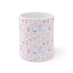 Vibrant Mushroom Wonderland Mug - Colorful Enchanting Design Mug 11oz Ceramic Drinkware Beverage Tea Cup Reusable Washable Coffee