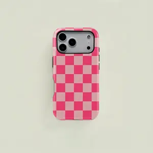 1PC Checkered Pink Pattern Phone Case, Heavy Duty Shockproof 2in1 Protective Cover,phone Case Suitable for Iphone 11/12/13/14/15/16/17 Pro Promax Plus Air and Samsung S22/S23/S24/S25 Plus Ultra Fe,Holiday Gift Minimalist Chic Protector Casing