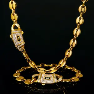 Set 2Pcs 14K Gold Vacuum Plated with 5A+ Sri Lanka Zircon Stainless Steel Chain & Copper Coffee bean bag Clasp Miami Cuban Link Chain Italy Mexico & Micro Inspired Unisex Hip Hop 6-10mm Necklace&Bracelet for Men & Women Jewelry,Daily,Fashion,Gift,Chicano