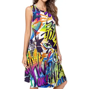 Vibrant Street Graffiti Print Sleeveless Midi Dress Y2K Hip Hop Summer Swing Dress for Women Casual Loose Fit Knee-Length Premium Polyester Fabric tea
