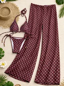 2026 new women’s plaid print micro bikini set, fashionable three-piece swimsuit with long pants, ideal for holiday casual beachwear and pool party outfits