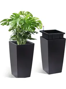 Black 16 InchesPlanters Set Of 2, Outdoor&Indoor Black Plante Pots, High Front Porch Planter Pots With Drainage Holes&Water Level Monitor&Inner Bucket, Automatic Watering