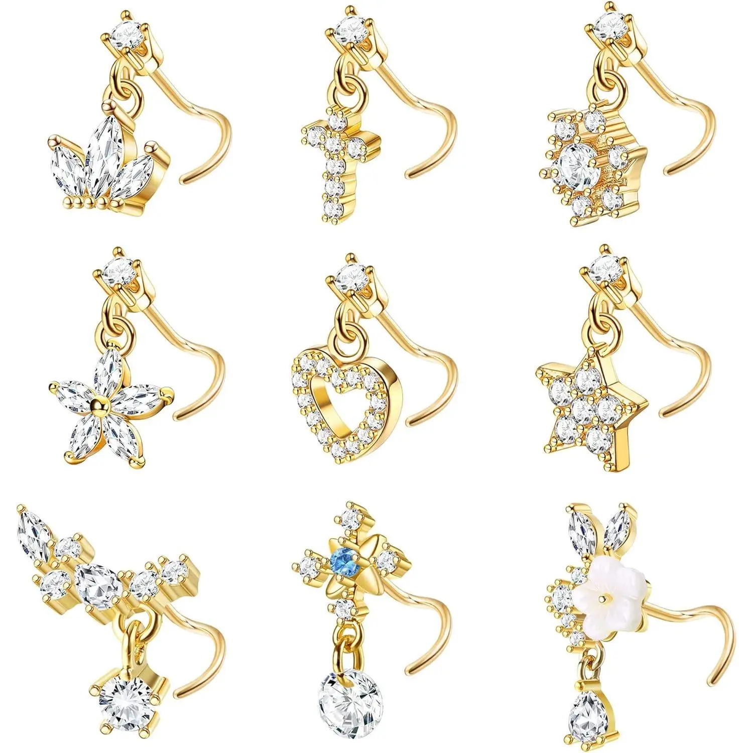 YADOCA Women's 9-Piece 20G Stainless Steel L-Shaped Dangle Nose Rings - 6mm Female Bling Effect CZ Cross, Crown, Flower, Heart Piercing Jewelry (Rose Gold)
