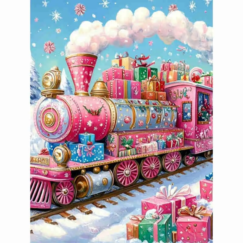 5D Full Drill Diamond Painting Kit - Enchanting Pink Christmas Train with Gift Boxes, Festive Winter Wonderland Scene, Whimsical Holiday Art Style, Round Acrylic Diamonds, Christmas Themed DIY Art for Home Wall Decor