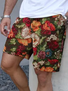 Men's Summer Plant Floral Pattern Embroidered Waist Drawstring Five-Pocket Shorts, Soft Comfortable Breathable Casual Daily Wear