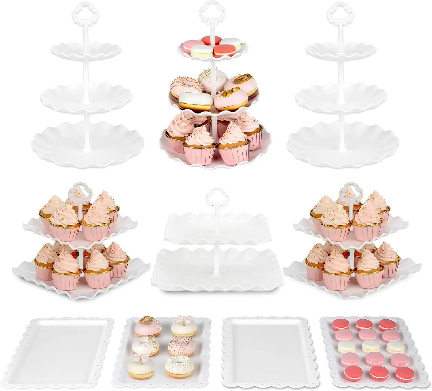 10PCS cake stands, cupcake stands, 3 two-tier cupcake stands + 3 three-tier cupcake stands + 4 appetizer trays, perfect for birthday party gatherings