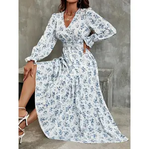 Women  Ditsy Floral Print Flounce Long Sleeve Ruffle Hem Dress Maxi Outfit,Loose Boho Flowy V Neck Floral Print Slit Beach Wedding Guest Long Maxi Dresses