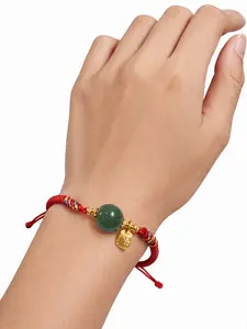 Natural Hetian Nephrite Jade Bead Bracelet with Gold Fu Charm – Red String Adjustable Lucky Bracelet | Yuora