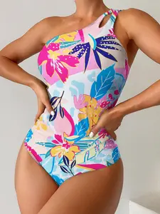Women's Floral & Geometric Print One-piece Swimsuit, Casual Adjustable Strap High Rise Swimwear for Beach Holiday Vacation, Ladies Summer Swimsuit, Floral Print Swimsuits