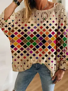 Women's Boho Colorful Geometric Patchwork Print Long Batwing Sleeve Knit Top, Casual Elegant Vacation Everyday Style, Comfortable Breathable Loose Fit, Knitwear Womenswear