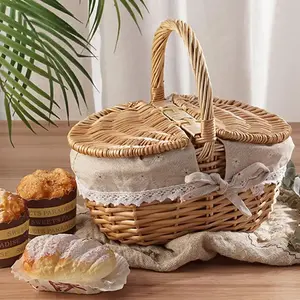 Handmade Wicker Picnic Basket With Handle Picnic Hamper Multi-Purpose Willow Woven Storage Box Outdoor Camping Fruit Basket
