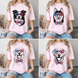 Cute Patriotic Dog Tshirt Light Pink & Irish Green – (25 Dog) Heart Glasses, American Flag Bow Tie