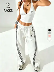 Women's Retro Two-Piece Set, Sporty Polka Dot Design, Fitted Neckline & Wide Leg, Perfect for Daily Wear, Fitness, Parties