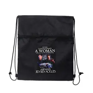 Supernatural Fan “Jensen Ackles” Bold Graphic Durable Black Drawstring Zipper Backpack for Outdoor Gym Bag