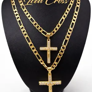 14K Gold Plated Figaro Link Chain Religious Cross Jesus Christ Crucifix Pendant Iced Brass with CZ Diamonds for Hip Hop Jewelry Big Crucifix