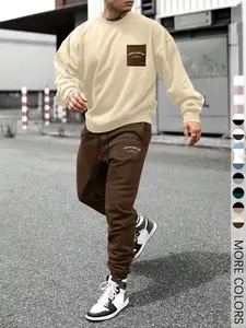 Two-Piece Set Men's Patchwork Drop Shoulder Pocket Sweatshirt & Letter Print Drawstring Sweatpants, Fitted Casual Fashion Cozy Round Neck Long Sleeve Pullover & Elastic Waist Trousers for Daily Wear, Men's Outfits for Fall & Winter, Aesthetics Menswear