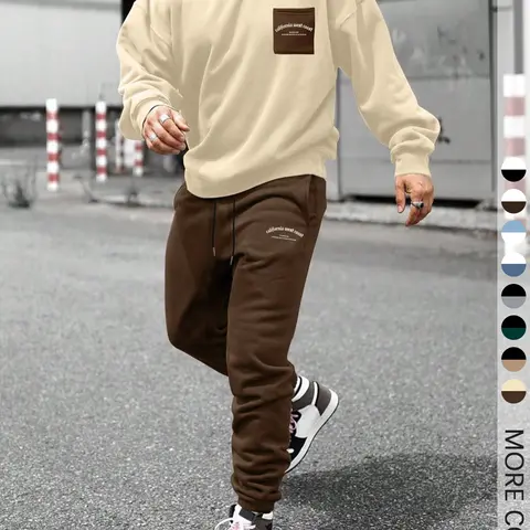 Two-Piece Set, Knit, Fitted, Casual, Men's Patchwork Drop Shoulder Pocket Sweatshirt & Letter Print Drawstring Sweatpants, Round Neck Long Sleeve Pullover & Elastic Waist Trousers for Daily Wear, Fall & Winter, Commute Style Set, Casual Matching Sets