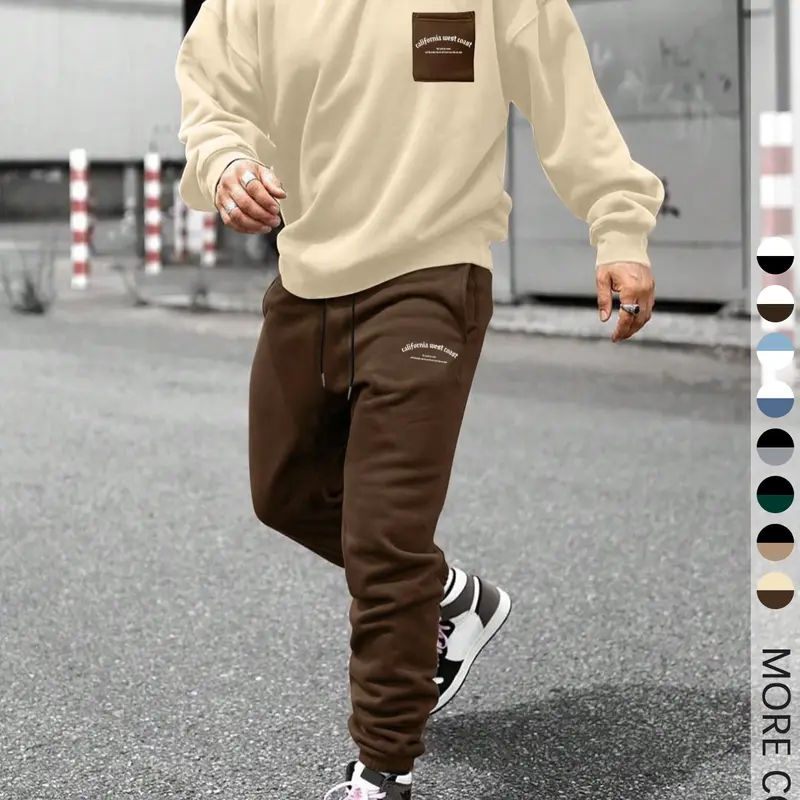 Two-Piece Set, Knit, Fitted, Casual, Men's Patchwork Drop Shoulder Pocket Sweatshirt & Letter Print Drawstring Sweatpants, Round Neck Long Sleeve Pullover & Elastic Waist Trousers for Daily Wear, Fall & Winter, Commute Style Set, Casual Matching Sets