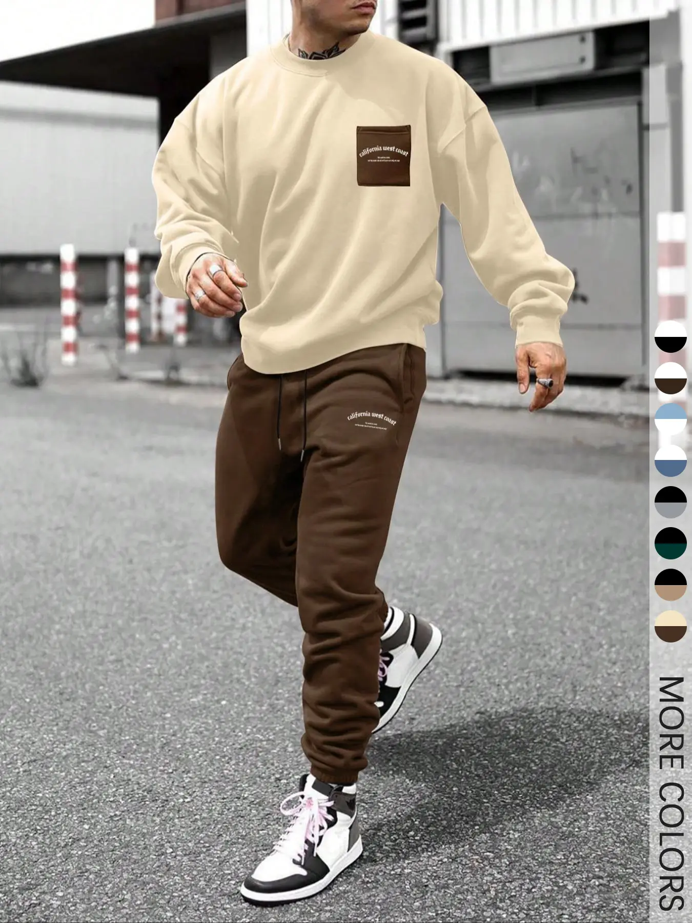 Two-Piece Set Men's Patchwork Drop Shoulder Pocket Sweatshirt & Letter Print Drawstring Sweatpants, Regular Fit Casual Fashion Cozy Round Neck Long Sl