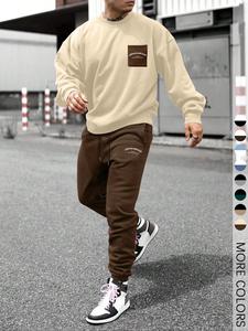 men's pocket sweatshirt & letter print drawstring sweatpants, casual fashion cozy round neck longsleeves pullover & elastic waist trousers for daily wear, menswear street style clothing for fall & winter, men's 2 piece set, sweatsuit set outfit