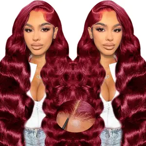 Bling Hair Body Wave 9x6 Glueless Wig Burbundy #99j Colored Preplucked Remy Brazilian 7x5 Lace Closure Wigs HD Lace No Tangling No Shedding 180 Density Wig