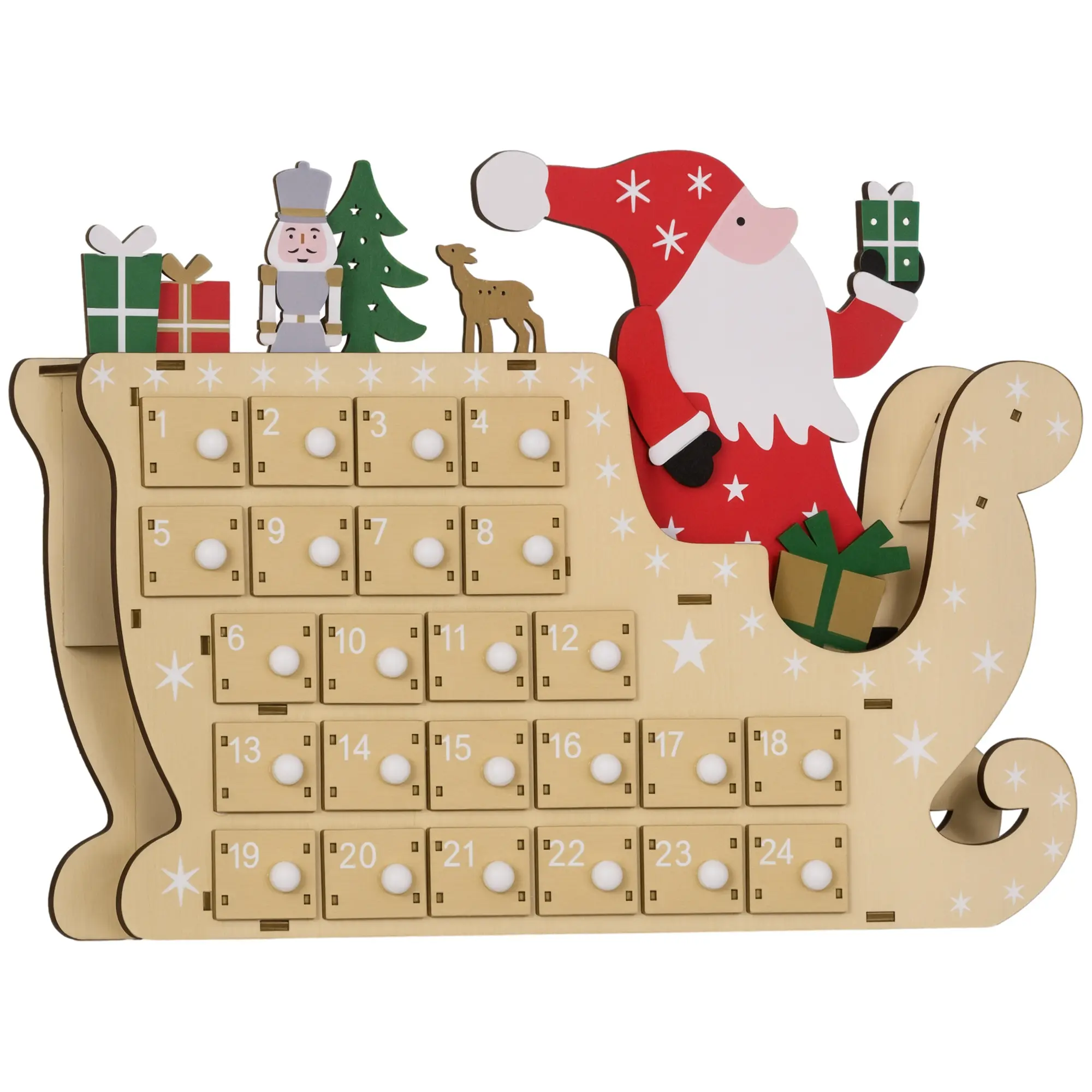 Wooden Christmas Advent Calendar with 24 Countdown Drawers – Reusable Holiday Decor Xmas Gift for Kids Adults. Santa & Sleigh Design. 8.9"L x 3.1"W x 14.2"H. Natural