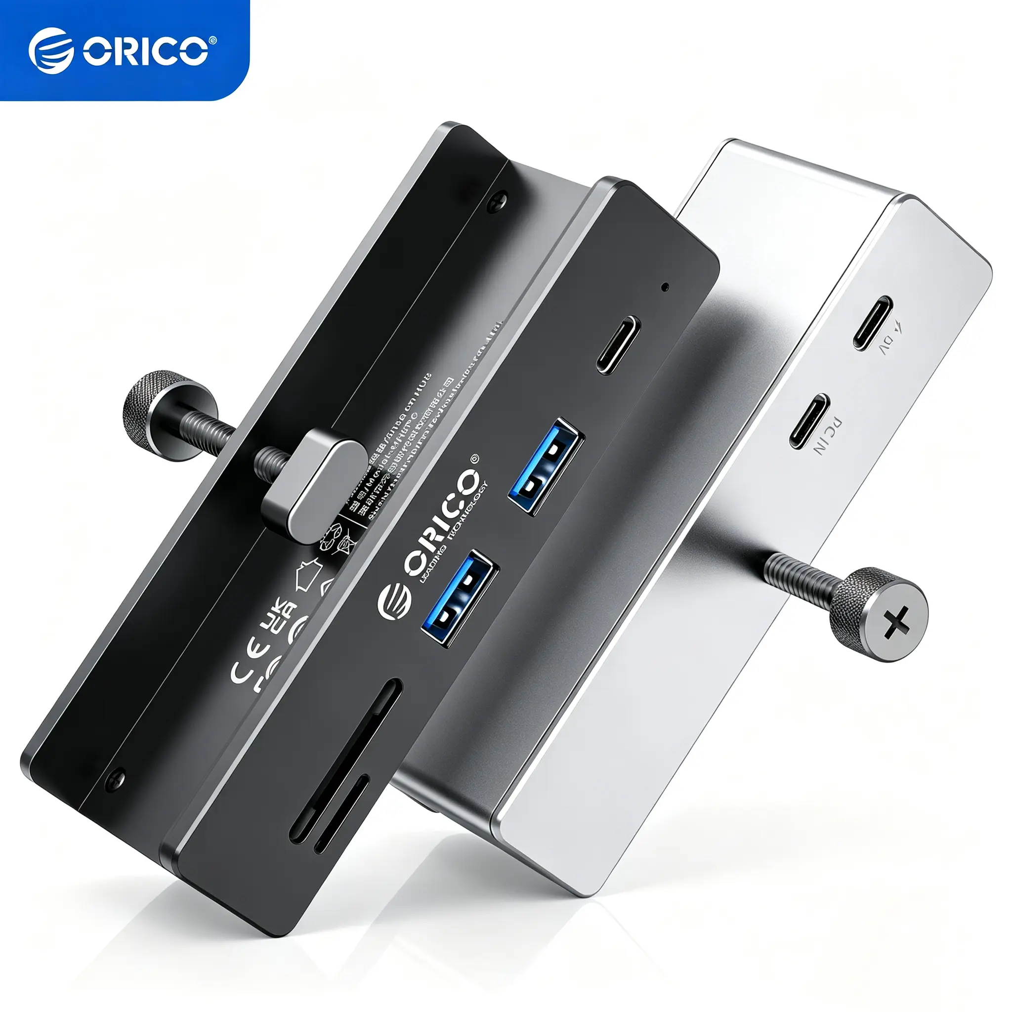 ORICO USB Hub 3.2, Clamp USB-Hub with Extra Power Supply Port, 10Gbps Aluminum 5-Port USB Extender with 2 USB-A 3.2 Ports, USB-C 3.2, SD/TF Card Reader 3.0, USB-3.2 Splitter for Monitor, Desk - MH5PC
