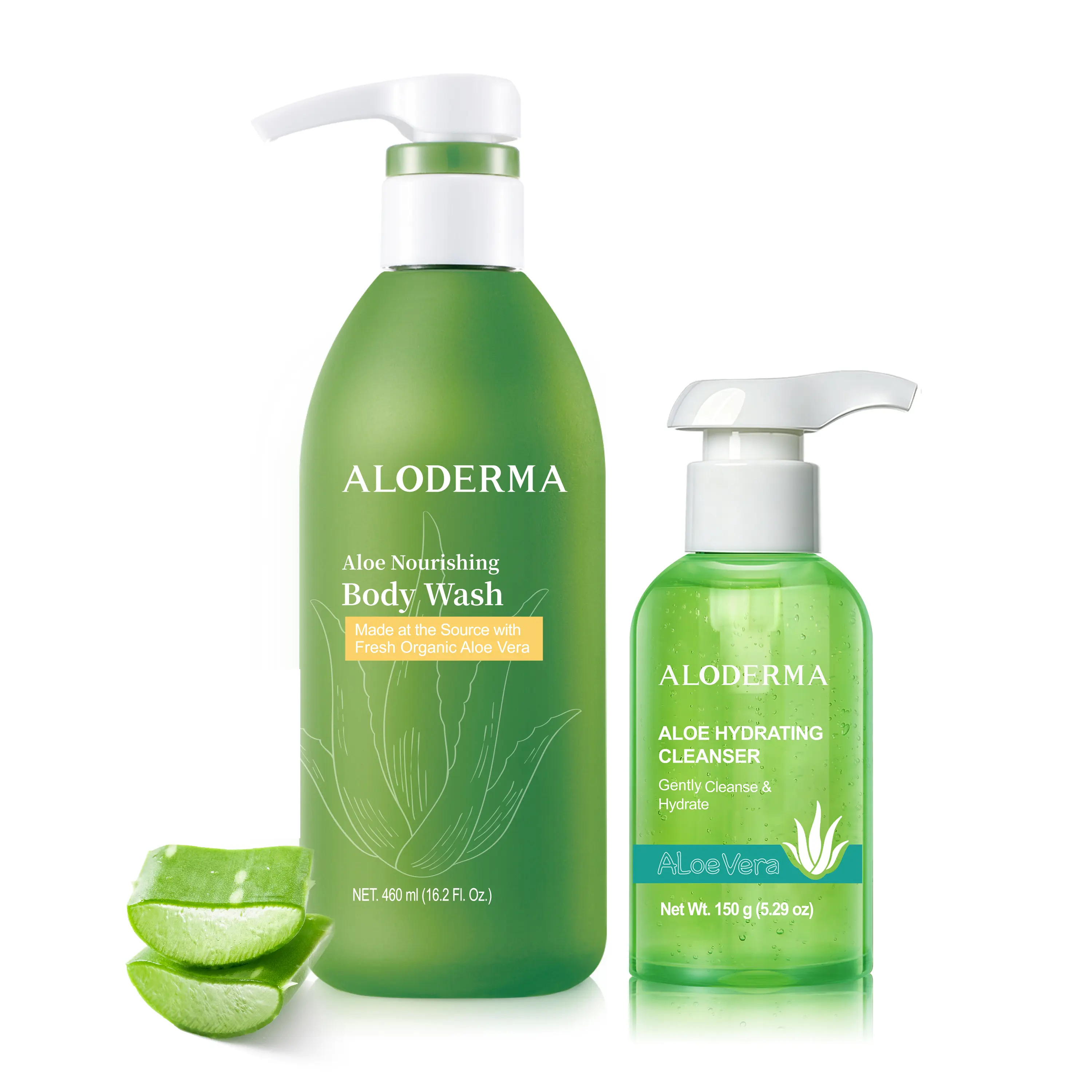 Aloderma Organic Aloe Shower Set - Sensitive Skin Body Care Kit with Nourishing Body Wash, Hydrating Facial Cleanser, Moisturizing Cleansing Benefits, Moisturizer, Gentle, 95% Natural Ingredients, Aloe Body Wash & Cleansers