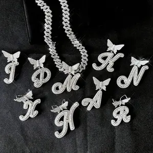 Women's Silver Cuban Chain Letter Necklace Initial Name Chain Necklace Personalized Necklace Diamond Studded Multi-Pendant Shiny Necklace Women's Hip Hop