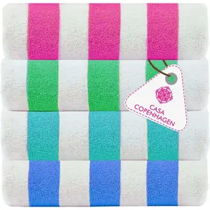 Luxurious 4-Piece Cabana Towel Set - Blue, Pink, Green, Teal Designer Stripe Beach Towels, 30x60 Inches Oversized 100% Cotton Pool Bath Towel, Perfect Summer Gift for Women and Men