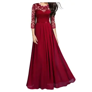Chiffon dress, round-neck lace long dress, women's evening dress