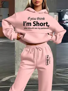 Autumn Winter Women's Matching Sweatsuit Set, Fitted Graphic Geometric Sweatpants & Hoodie, Sweet Style for Casual, Perfect for Fall & Winter