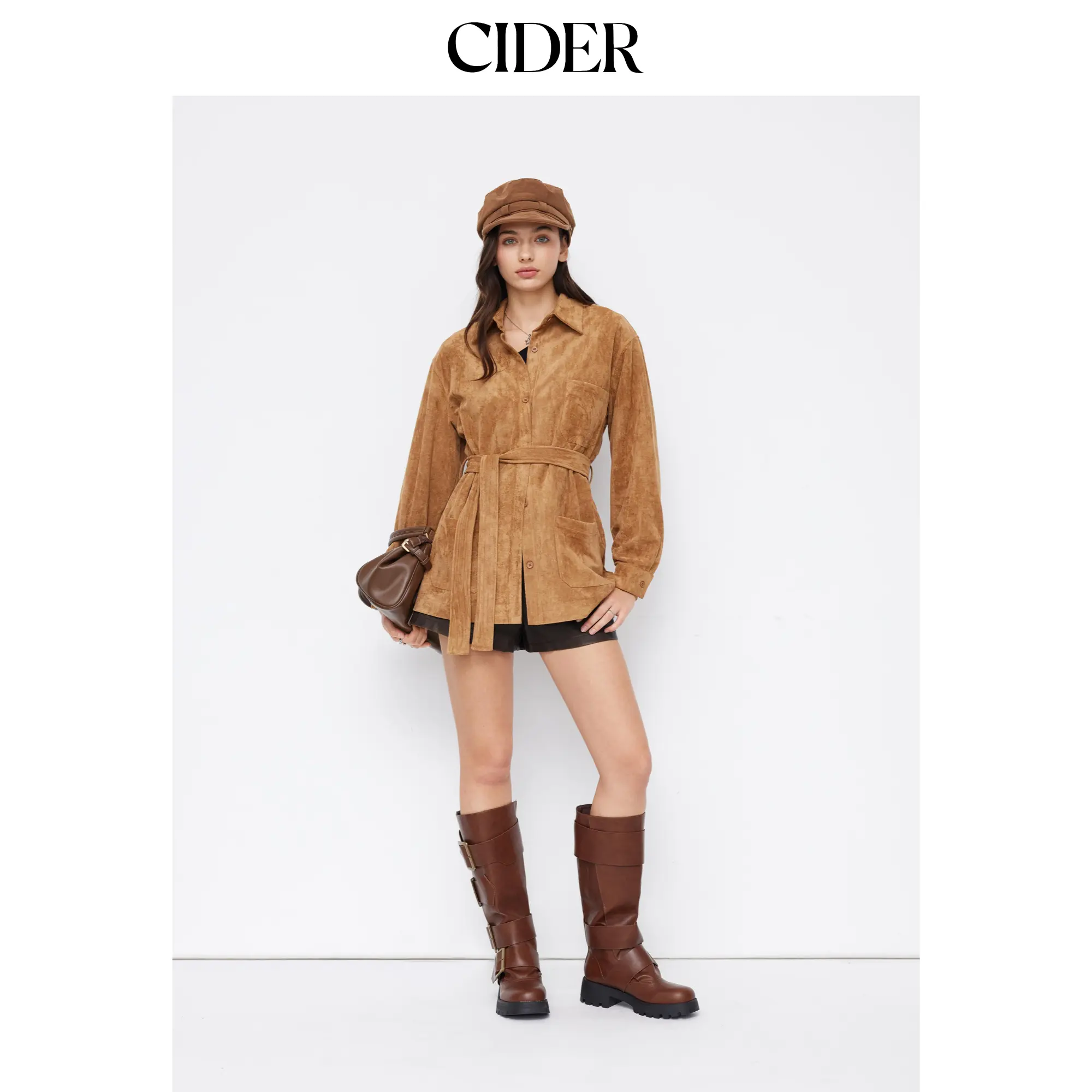 Cider Suede Collar Button Oversized Jacket With Belt
