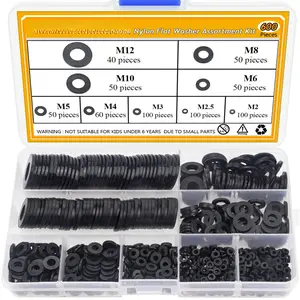 Nylon Flat Washer Assortment Set 600 count, 9 Sizes - M2 M2.5 M3 M4 M5 M6 M8 M10 M12, Black
