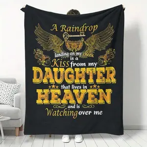 1pc Daughter Memorial Blanket With Wings & Heaven Quote - Soft Flannel Comfort Throw, Asian-Inspired Design, Black & Golden Sympathy Loss Of Daughter, All-Season Bedding Or Couch Cover, Daughter Blanket, Wing Design, Durable Craftsmanship