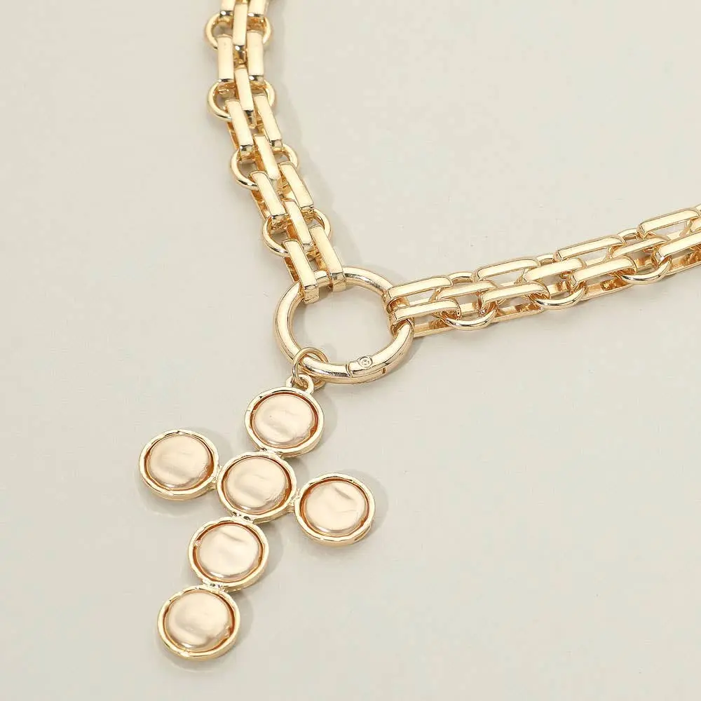 Pearl Cross Charm Pendant Chunky Chain Statement Necklace: Gold, Brown, Pearl