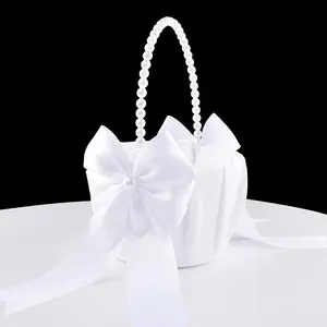 Wedding Flower Girl Basket Pearl Handle Cute Flower Basket for Flower Girl White