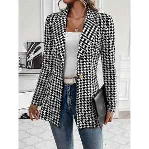 Women's Houndstooth Print Open Front Blazer, Casual Long Sleeve Outerwear for Work Office Business, Ladies Clothes for All Seasons, Womenswear