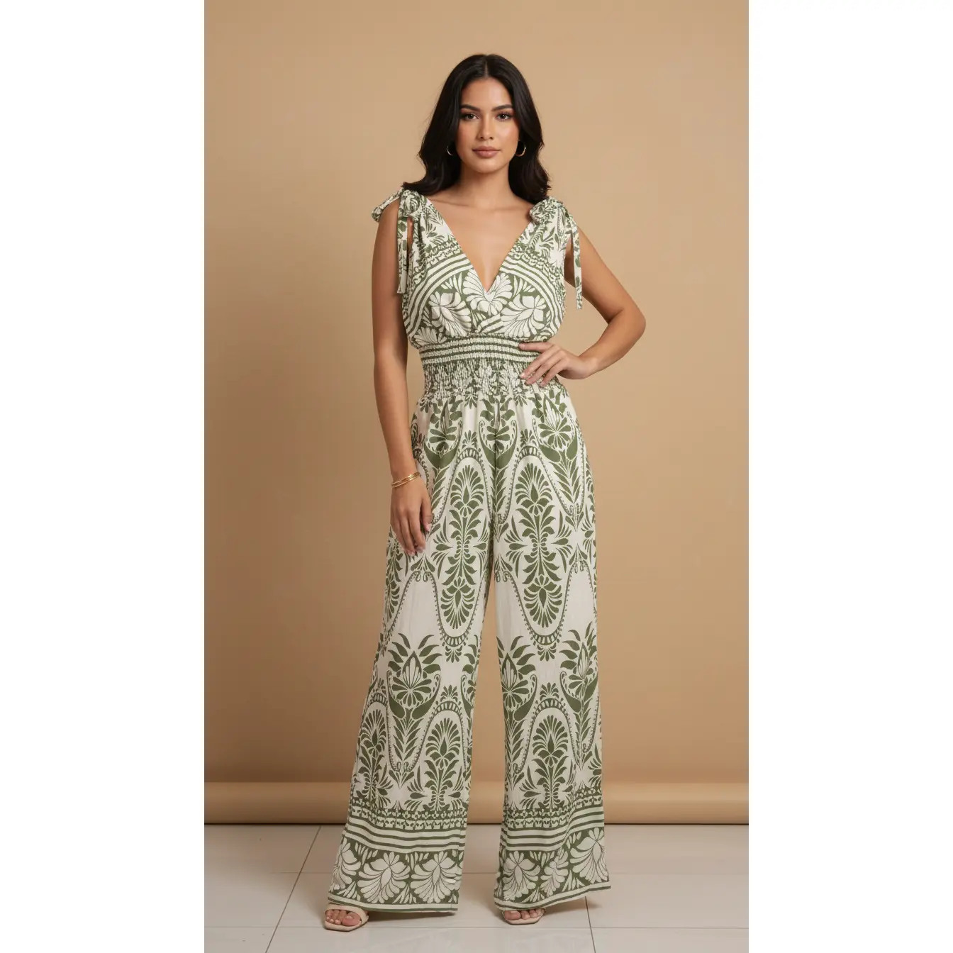 Jumpsuit Estampado Barroco Verde Olivo y Crema
