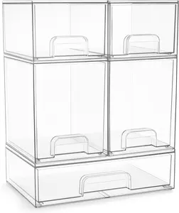 Acrylic Storage Containers - 5 Pack, Stackable Storage Bins Set for Bathroom Organization - Clear Acrylic Drawer Organizers - Makeup Case Pull-Out Drawers (7.6’’ and 4.4’’ Tall and 12.1’’ Wide)