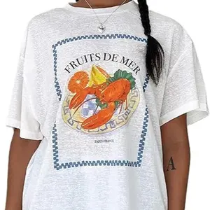 Women Graphic Oversized Tee Y2k Fruit Print Short Sleeve White Top Crewneck Cute Aesthetic Tee Shirts Summer