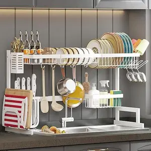 PUSDON Dish Drying Rack Over The Sink, 2 Tier Adjustable (26"-38") Stainless Steel Dish Drainer for Kitchen Storage Counter Organization, Space Save Shelf (White, Sink Size≤37inch)
