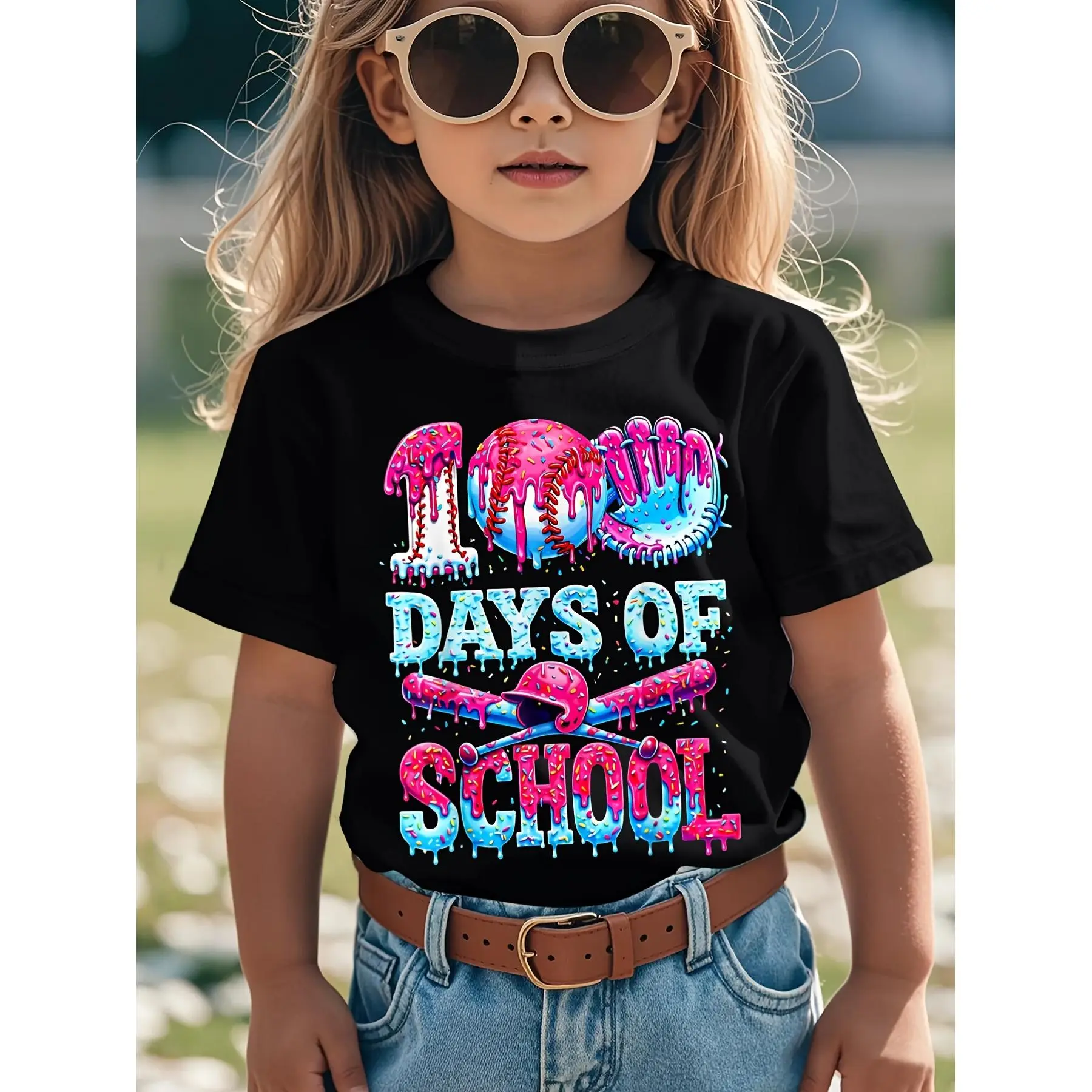 100 Days of School Baseball Ice Cream Drip | Novelty Awesome Graphic Kid T-Shirt Casual Tops Tees for Kid, Regular Fit, Slight Stretch Fabric, Crew Neck, All-season Perfect for Children