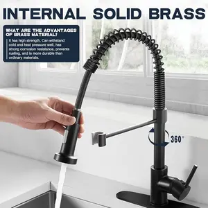 Kitchen Faucets with Pull Down Sprayer, Commercial Industrial Spring Single Handle Stainless Steel & Solid Brass Kitchen Sink Faucets for Farmhouse Camper Kitchen Rv (Matte Black)