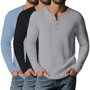 3 Pack Men’s Waffle Henley Shirts, Long Sleeve Button Tops Casual Basic T-Shirts Lightweight Knit Pullover