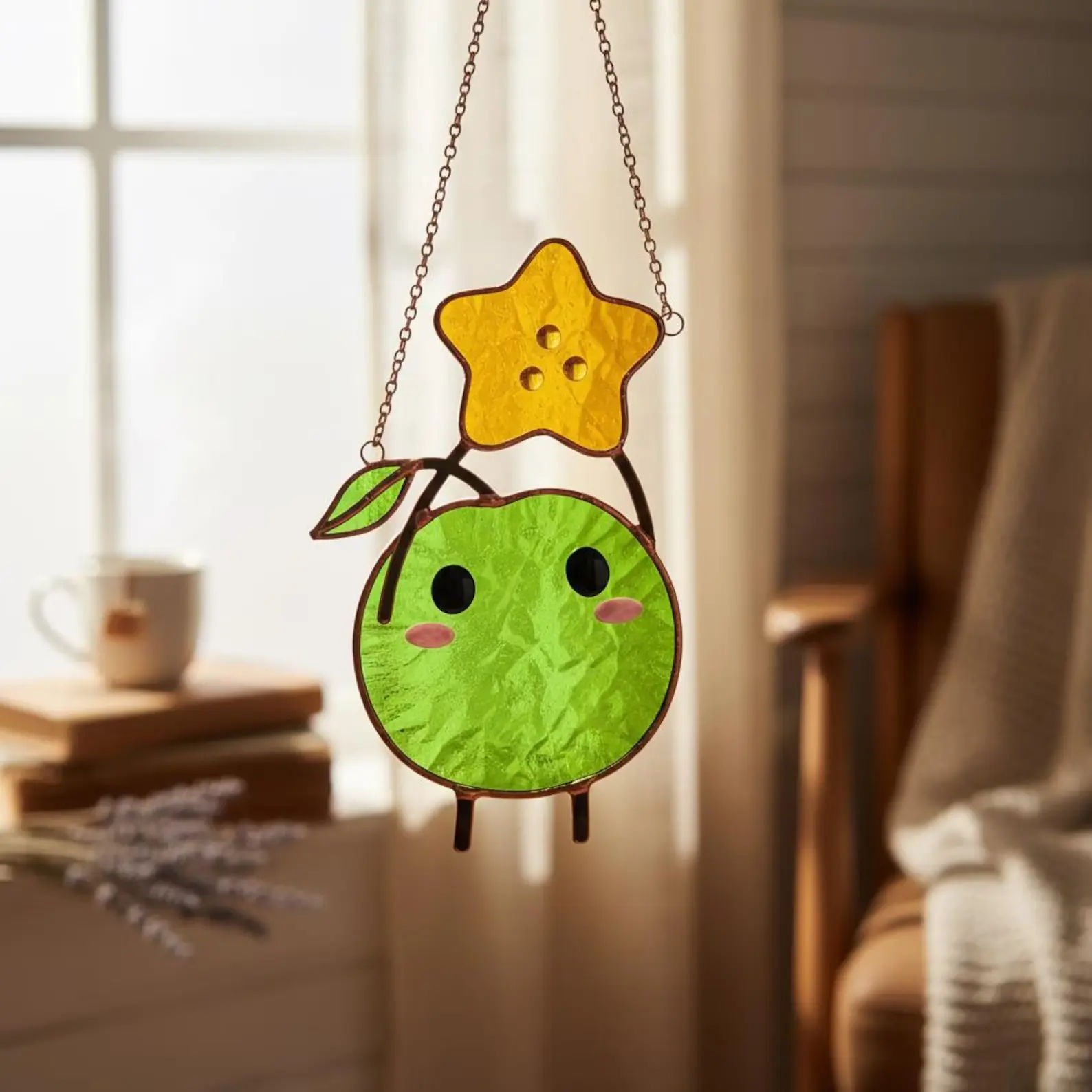 Cute Green Apple Star Suncatcher Cottagecore Kawaii Window Hanging Ornament Premium Stained Acrylic Glass Home Decor Aesthetic Cozy Room Decor Gift for Gamer Friends and Nature Lovers