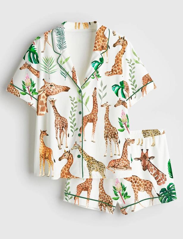 Women’s Watercolor Giraffe Safari Animal Tropical Leaf Print Short Sleeve Silk Satin Pajama Set Soft Sleepwear